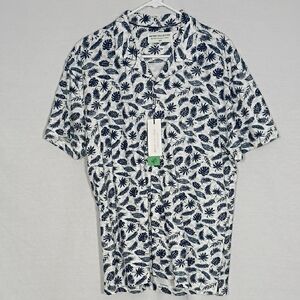 NWT Report Collection White Short Sleeve Cotton Leaf Print Knit Camp Shirt Sz Sm